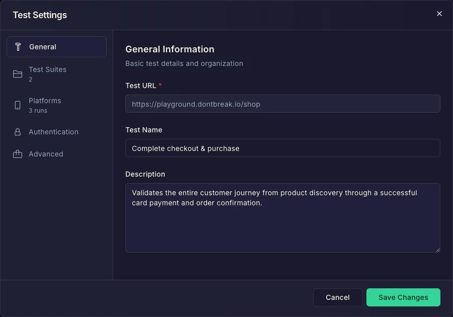 Test Settings dialog showing the General tab with URL, name and description fields