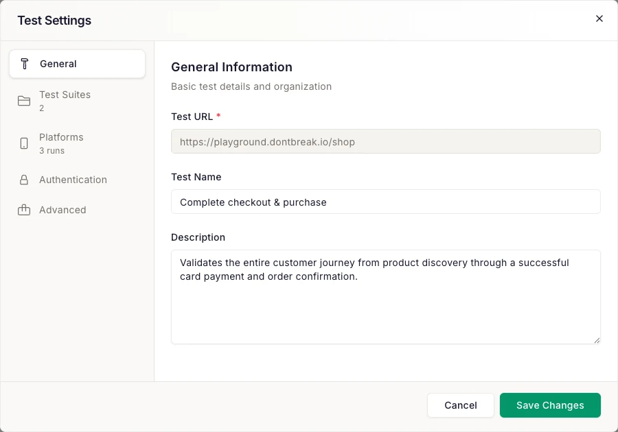 Test Settings dialog showing the General tab with URL, name and description fields