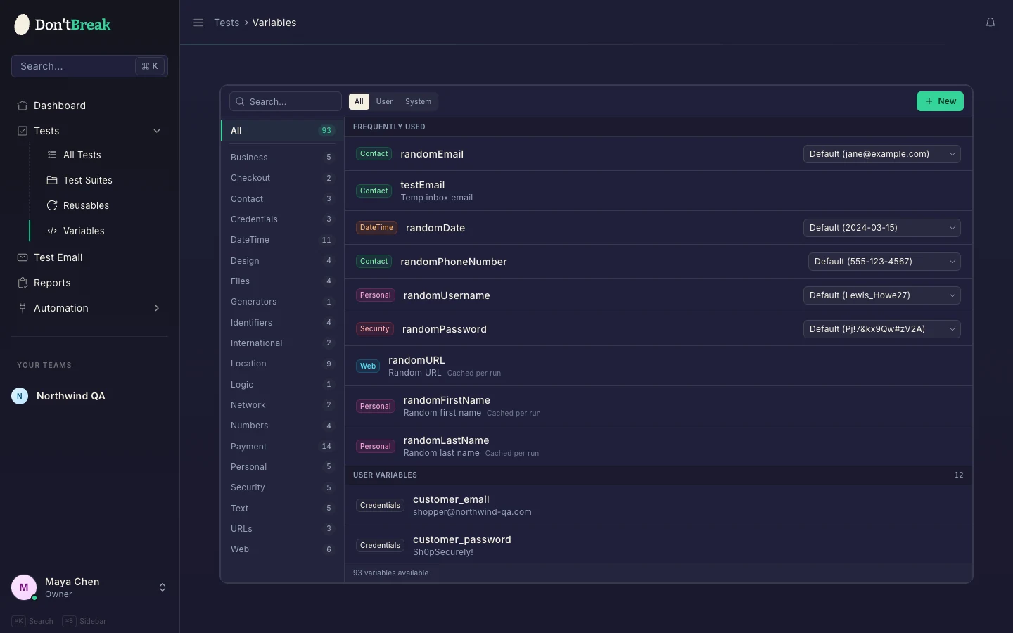 Variables page listing reusable text snippets grouped by category