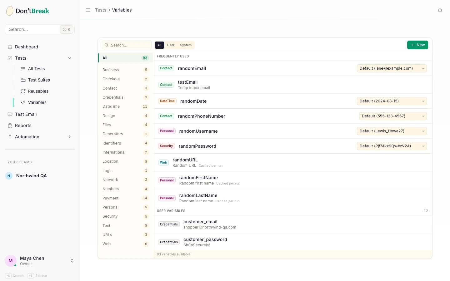Variables page listing reusable text snippets grouped by category